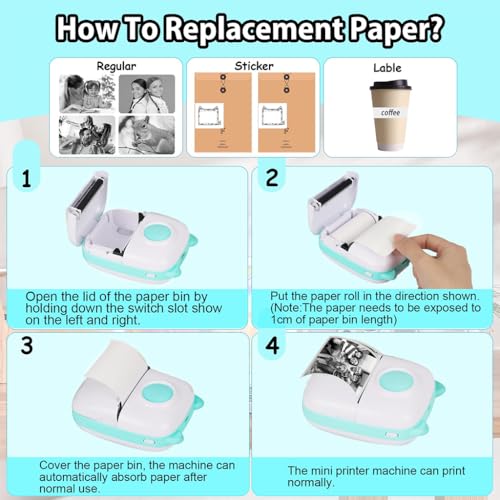 Image of ZEITEL Mini Bluetooth Thermal Printer with LED, Portable Label Inkfree Mini Printer for Android & iOS System, Black on White Thermal Printer with 13 Roll of Paper, 5 Color Pen, 1 Kuromi Sticker, Blue