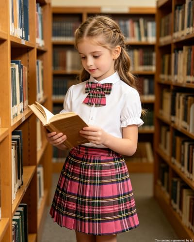 Image of Betusline Girls Skirt Set JK School Uniform 2-Piece Outfit - Short Sleeve Shirt with Bow & Pleated Skirt 4T-14Y