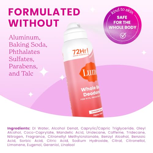 Image of Lume Whole Body Deodorant Spray 3.6oz (Peony Rose) | 72-Hour Odor Control, Aluminum & Baking Soda Free, Whole-Body Deodorant Spray for Women - Safe for Underarms & Private Parts