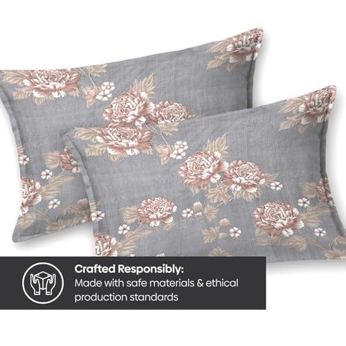 Image of Rivermoor 200 TC Ultrasoft Bed Sheet Double Bed | Queen Size Bed Sheet with 2 Pillow Covers | Elastic Fitted Bedsheet | Grey Floral Print | 72 x 78 x 10 Inches | Soft, Breathable & Easy Care