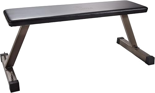 HolaHatha Banco de pesas plano acolchado de espuma compacta portátil de capacidad de 600 libras con marco de acero duradero para ejercicio de cuerpo