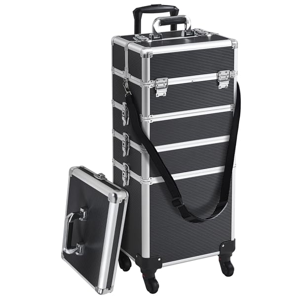 Yaheetech Valigia Trolley Trucchi Make Up 5 in 1 per Estetista Parrucchiere Professionale con Coperchio Supplementare Beauty Case Grande Porta Cosmetici da Viaggio Ruote Girevoli Nero