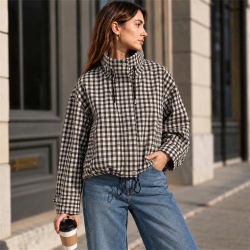 Womens Zip Up Jacket Funnel Neck Gingham Pullover Cropped Jacket - image 5