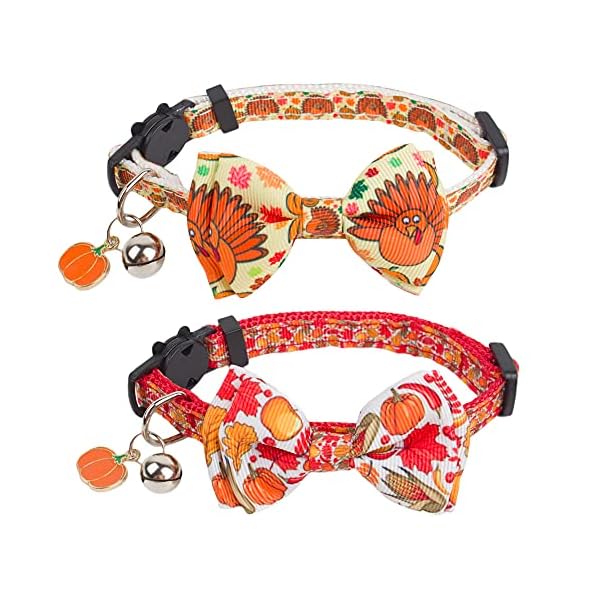 Adoggygo thanksgiving cat collars with bow bell, breakaway cat collar with bowtie pumpkin cat kitten collar for girl boy cats kittens (thanksgiving)