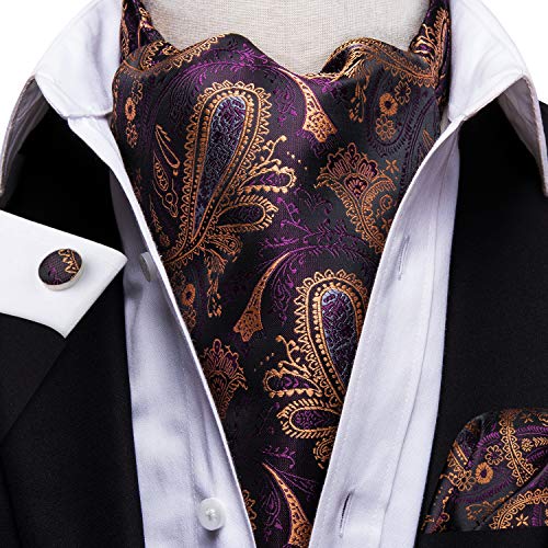 Image of Hi-Tie Silk Ascot for Men Self Tie Men's Cravat and Flower Lapel Pin Handkerchief Cufflinks Set for Wedding Party