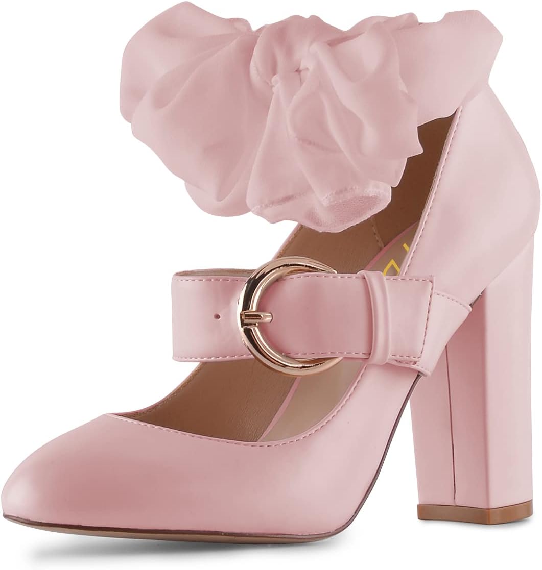 YDN Women Pointed Toe Lace up Bow Pumps Block High Heel Mary Janes Adjustable Buckle Strap Dance Dress Party Shoes Size 4-15 US