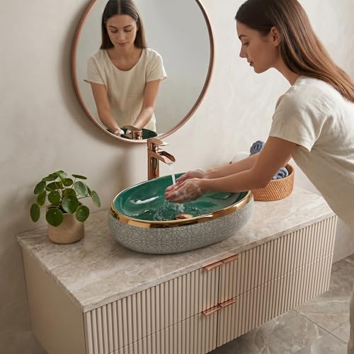 Image of BASSINO 24x16x6 Inches Table Top Washbasin /1 Year Warranty /Ceramic Wash Basin for Bathroom /Oval Shape Counter Top Wash Basin for Restaurant /Dining Hall /Living Room /Home(Glossy Green & Gold)