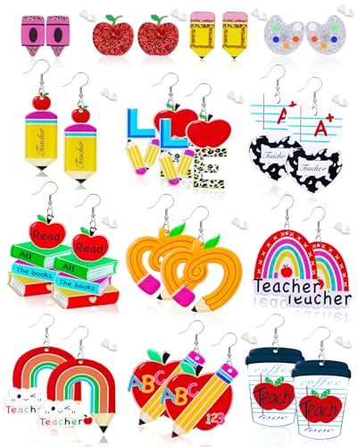 LUYI 13 Pairs Teacher Earrings for Women Fun Pencil Book Reading Acrylic Glitter Dangle Drop for Teachers Day Appreciation Graduation Back to School Jewelry