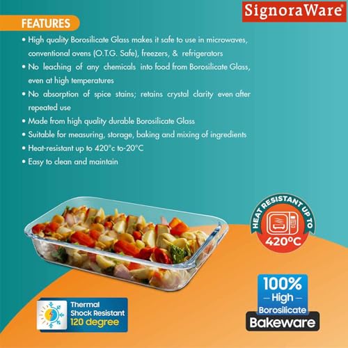Image of SignoraWare Bake 'N' Serve Brorsilicate Glass Zig zag Rectangular Dish | Microwave & Dishwasher Safe | Elegant & Durable Design | Ideal for Baking, Serving, Storing & Reheating Food (1 LTR | Clear)