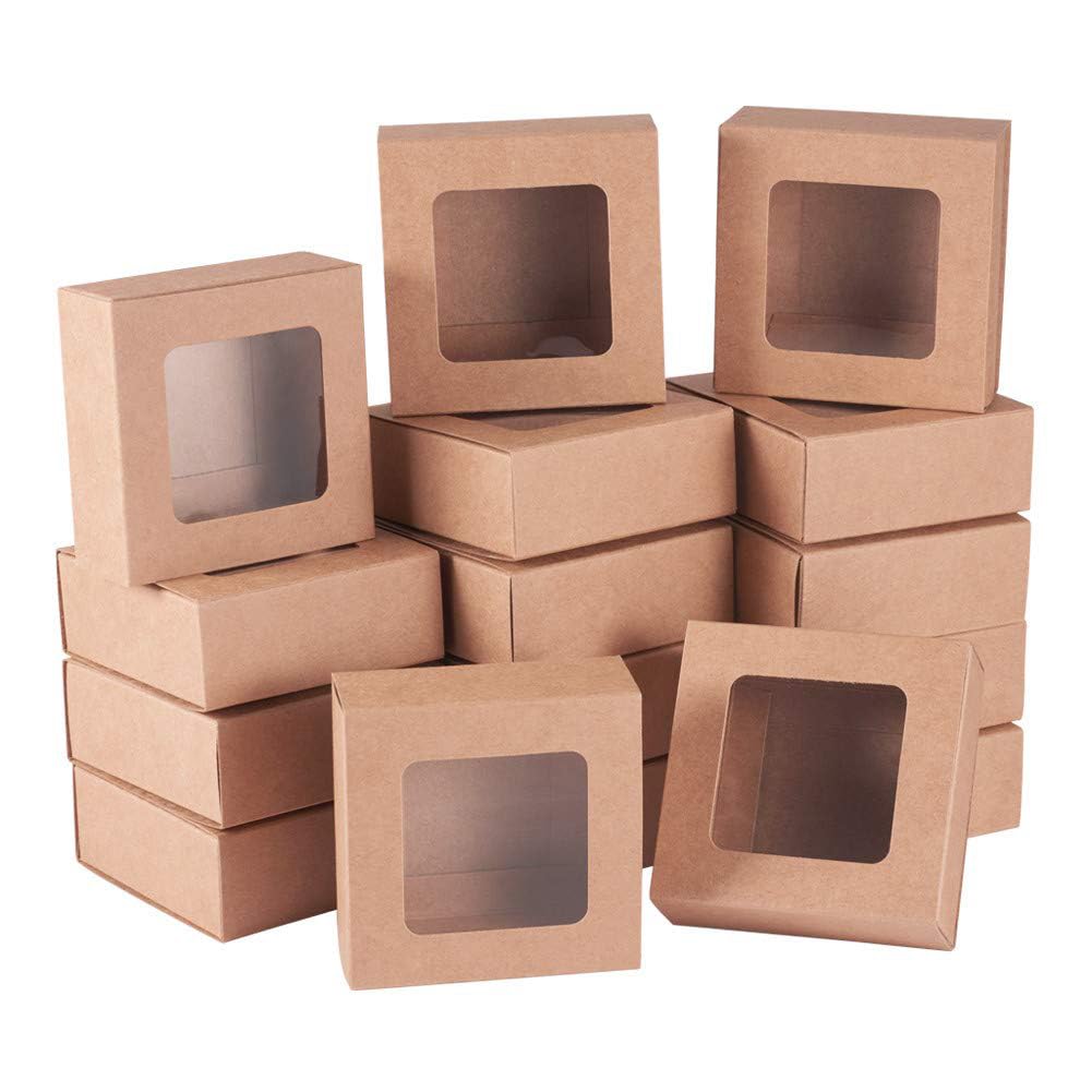 BENECREAT 24 Pezzi Scatola in Cartone Kraft Marrone con Finestra Trasparente Scatole Regalo 8x8x3cm per Confezioni di Gioielli per Feste, Dolci, Torte