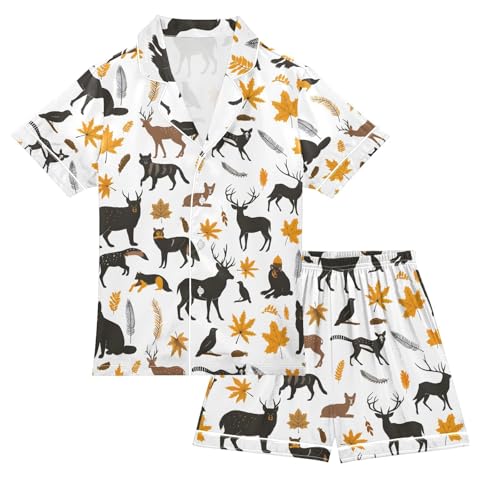 ALAZA Deer Bird Dog Pajamas Satin Pajama Set Short Sleeve Button Down Sleepwear