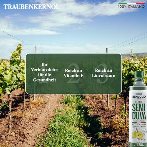 Traubenkernöl Kaltgepresst 100% Italienische - Benvolio 1938 750 ml - Reich an Vitamin E und Omega 6 Metallflasche Grapeseed Oil Cooking Oil Frittierfett Flüssig