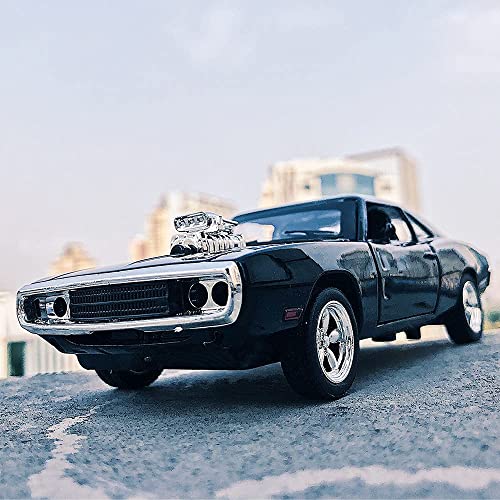 Image of DEUSON ECOM 1:32 Scale Dodge Charger Toy Car for Kids Fast and Furious Die Cast Metal Cars with Light Sound Pull Back Openable Door Toy Car, Black