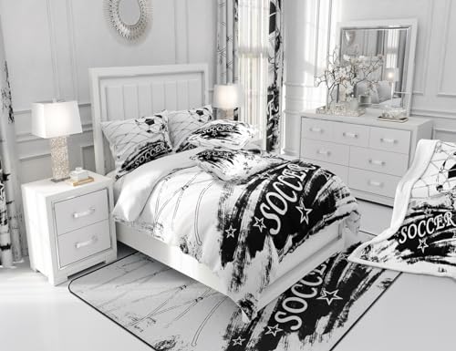 Image of Feelyou Football Comforter Set Kids Graffiti Bedding Set Black White Comforter for Women Men Room Decor Lightweight American Quilt Set with 2 Pillow Case