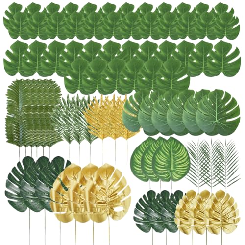 78 hojas de palma artificiales, 12 tipos, hojas tropicales con tallos, plantas tropicales, hojas de palma, hojas de palmera, hojas de palmera de plástico para selva, safari, playa, decoración de boda