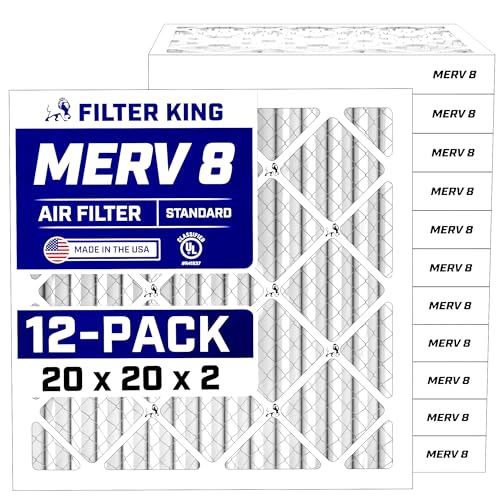 Filter King 20x20x2 Air Filter (MERV 8) (12-Pack) Dust & Allergy Control AC Furnace Filters, MADE IN USA, HVAC, Pleated, Electrostatic (Actual Size: 19.5 x 19.5 x 1.75)