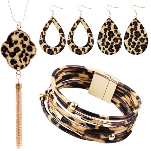 4 Pieces Leopard Jewelry Set Bohemia Earrings Bracelets Necklace Multilayer Leather Cuff Bracelet Long Tassel Leopard Print Pendant Necklace Teardrop Dangle Drop Earrings for Women