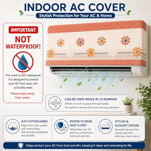 Image of Cotton Net Split AC Cover Indoor Unit for 1.5 Ton Capacity AC, Premium Work Indoor AC Dust Protection Cover Designer Summer Ac Cover for 1.5 Ton Ac (38 X 15.35 X 7.8 inch, Brown Flower)