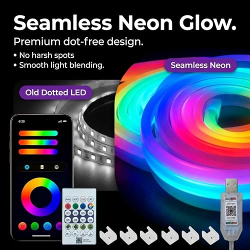 Image of 5M Smart RGB Neon LED Strip Light - App & Remote Control, Music Sync Rope Light with 16M Colors, RGB IC LED Strip for Room, Gaming Setup, TV Backlight, Party & Home Decor