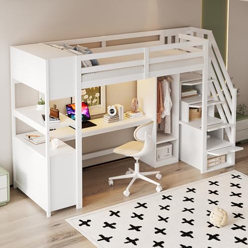 Merax Lit Mezzanine en Bois 90 x 200 cm, avec Lumineuse LED, Bureau, Armoire, escalier avec Espace de Rangement, étagère et Compartiment de Rangement, Blanc...