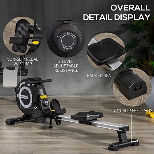 HOMCOM Folding Rowing Machine, 8-Level Magnetic Rower Machine with LCD Monitor, Wheels and Aluminium Railway, for Home Gym Cardio Training - Image 4