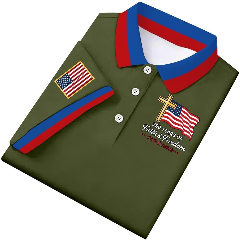 Ymosrh Men's Casual Polo Shirt Short Sleeve Flag and Cross Print Performance Athletic Work Patriotic Golf Shirts, S-3XL