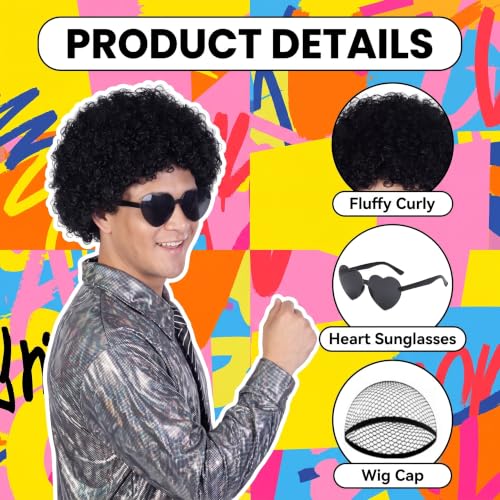 Image of FREE BEAUTY 8pcs Black Afro Wig with Heart Sunglasses for Men Women, Funny 70s 80s Disco Party Afro Wigs Colored Short Fluffy Curly Hair with Hair Net for Halloween Cosplay Costume Party