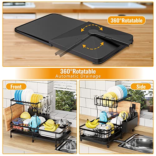 Yklslh Expandable Dish Drying Rack , 2 Tier Large Drying Rack For Kitchen Counter With Drainboard, Glass Holder, Utensil Holder-Dish Drainers (Black) #TOP2