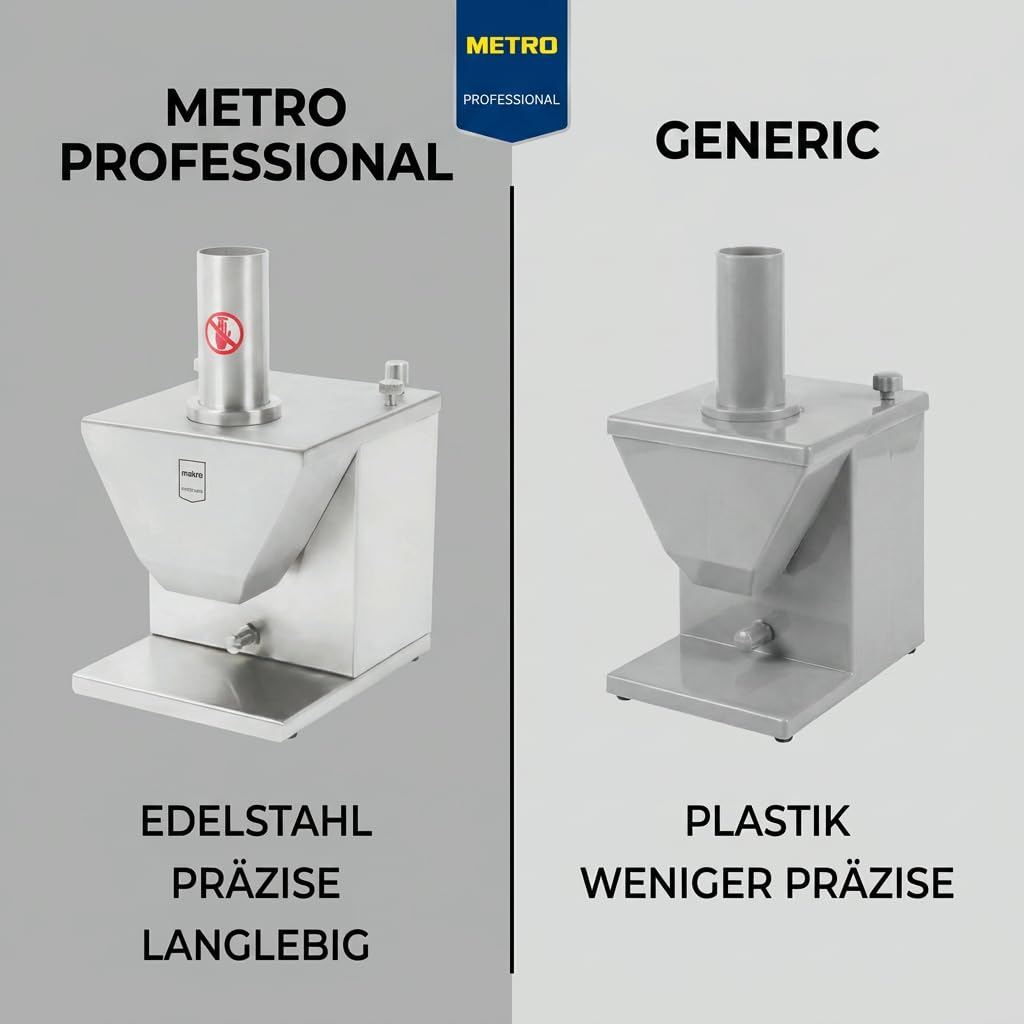 METRO Professional Currywurstschneider GWS1000 - Edelstahl, 29 x 24,5 x 36,5 cm, einstellbare Schnittstärke 5-30 mm, doppelte Sichelklinge, 135 W, Sicherheitsfunktion, kompakt & hygienisch, silber