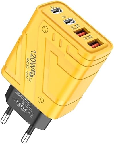 120W GaN Wall Charger, Dual USB QC3.0, Dual PD Type-C, Super Fast Charging, EU Plug, Yellow