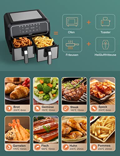 Innsky Dual Zone Hot Air Fryer, 2 Chamber No. 8 L, 8 Programmes, Double Air Fryer, Air Fryer with 2 Baskets, Deep Fryer Hot Air without Oil, Dual Cook, Synchronising Ready Technology, Shake Mode