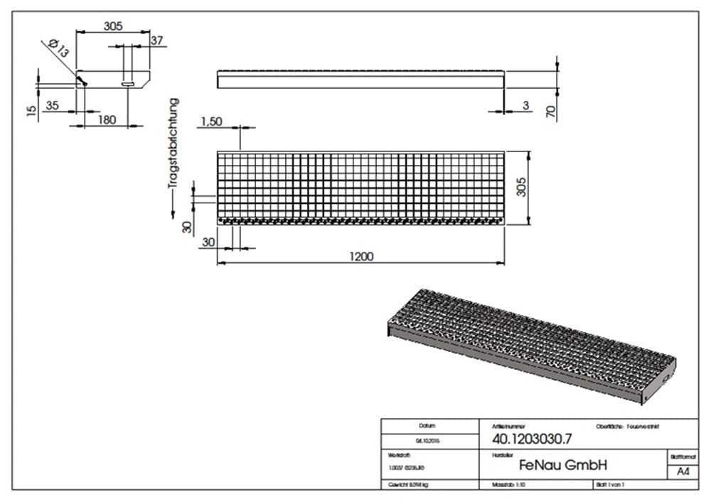 Fenau | Grigliati Gradini/Gradino (R11) XSL - Dimensioni: 1200 x 305 mm - MW: 30/30 mm, zincato a caldo, Gradino in acciaio a norma DIN, Scale di fuga adatte, Effetto antiscivolo