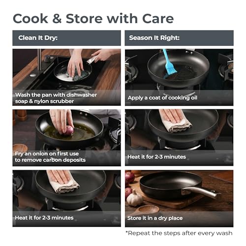 Image of Lifelong Carbon Steel (Iron) Fry Pan 24cm | High Heat Stir Fry & Searing Pan with Long Stainless Steel Handle | Naturally Seasoned Non-Stick Surface | Induction & Gas Compatible | Lightweight Build