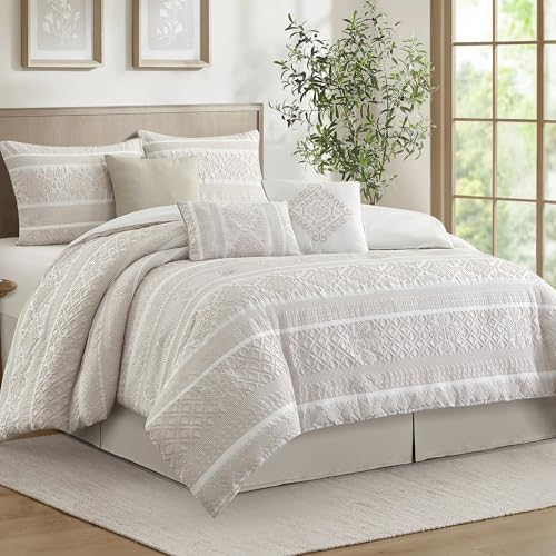 Image of LANCO MODERN LIFESTYLE 7 Piece Queen Comforter Set, Beige, Elegant Jacquard with Patchwork, Stylish and Cozy Bedding Collection, Premium Bedding Set with Bedskirt, Shams and Pillows