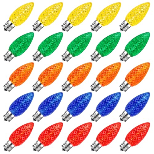 50 Packs C9 LED Christmas Light Bulbs Outdoor, Replacement Bulbs for Christmas String Lights, C9 Shatterproof LED Bulbs, Waterproof Dimmable Strawberry Lights Bulbs E17 Intermediate Base, Multicolor