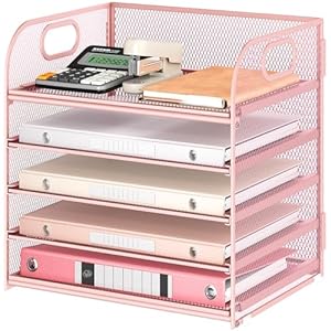 5 Tray Paper Organizer Letter Tray with Handle – Mesh Desk File Organizer, Paper Sorter Organizer for Office, Home or School File Folder Holder – Pink