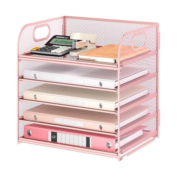 5 Tray Paper Organizer Letter Tray with Handle – Mesh Desk File Organizer, Paper Sorter Organizer for Office, Home or School File Folder Holder – Pink