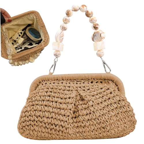 Straw Purse Straw Bags for Women Woven Straw Purse Casual Straw with Beaded Handle Stylish Easy Matching Summer Purse for Beach Travel, Khaki2