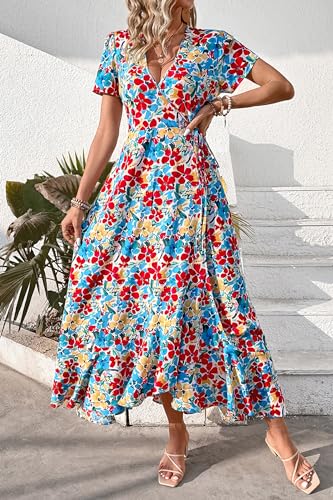 Image of PRETTYGARDEN Women's Summer Wrap Maxi Dress Casual Boho Floral V Neck Short Sleeve Ruffle Hem Split Beach Long Dresses