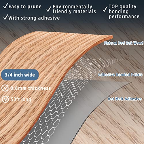 Image of Red Oak Edge Banding, 3 /4 inch x 50ft roll of Veneer Real Wood Edge Banding Pre-glued Flexible Tape for Cabinet Repair