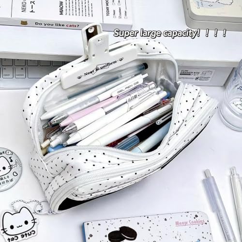 Image of Cute Cat Pencil Case, Kawaii Polka Dot Pen Pouch for Girls - Large Capacity Canvas Cosmetic Bag with Japanese Bow Patch, Aesthetic Stationery Organizer for School, Travel & Makeup