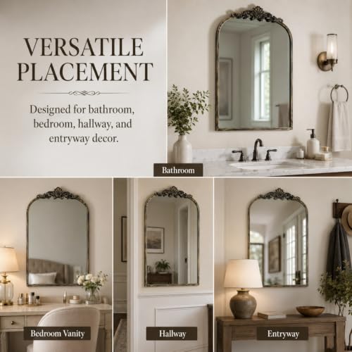 Image of Arched Wall Mirror, 21x31 inch Baroque Traditional Design, Antique Bronze
