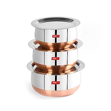India Pride Rishabh Gold SS Handi Set with Copper bottom urli Serving Cooking dinning Bowl biryani and kadhai Serveware Dish donga Set Cooking Handi Set Pot Vessel with Lid Cookware Set Cook and Serve Handi saucepot pan 3 Piece size:- 1000 ML,1500 ML,2000 ML