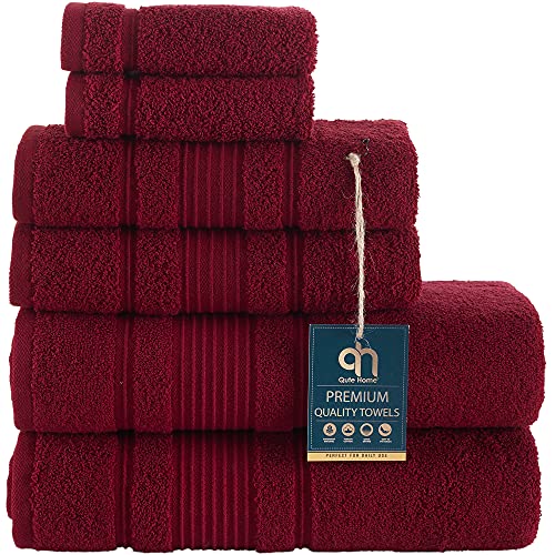 Qute Home 6-Piece Bath Towels Set, 100% Turkish Cotton Premium Quality Bathroom Towels, Soft and Absorbent Turkish Towels, Set Includes 2 Bath Towels, 2 Hand Towels and 2 Washcloths (Burgundy)