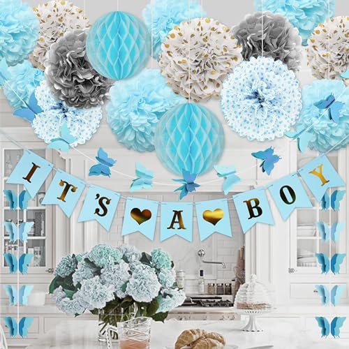 COLOUR MAGIC Kit de Decoração para Chá de Bebê Azul para Meninos com Letreiro It'S A Boy, Pompons d