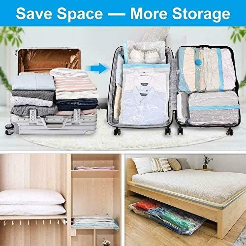 6 Pack Vacuum Storage Bags, Space Saver Bag, Vacume Pack Storage Bags for Clothes Duvets Bedding Dresses Comforters Blankets Pillows Travel Storage,Reusable Bags Double Zip Seal,Hand Pump Included
