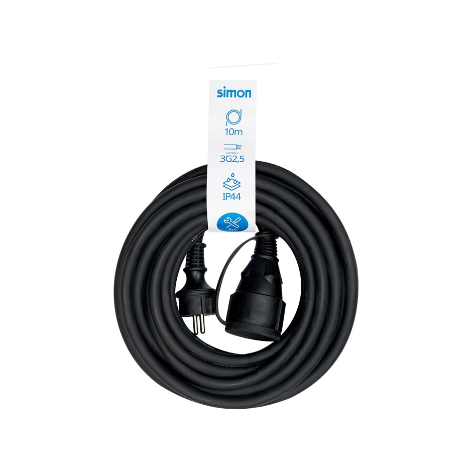 Rallonge électrique H07RN-F Simon de 10m avec câble robust 3G2,5 mm² et couvercle IP44 noir