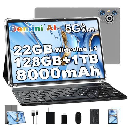 Image of 10 Inch Tablet, 22GB RAM+128GB ROM+1TB Expand, Android 14 Tablet with Keyboard and Mouse, 8000mAh Battery, 1280x800 IPS Display, Octa-Core CPU, Support BT5.0, GPS, WiFi - Gray