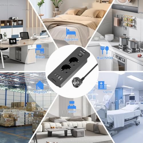 2-krotne gniazdko do zabudowy, gniazdko stołowe z USB A i USB C, z przedłużaczem 2 m i włącznikiem, listwa zasilająca do zabudowy, do biura, domu (czarna)