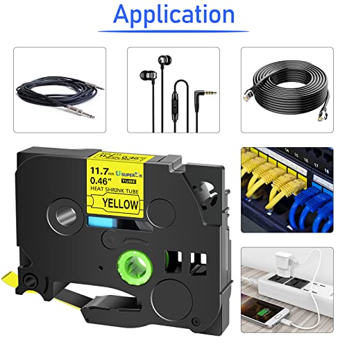 Image of USUPERINK 10 Pack Compatible for Ptouch HSe-631 HSe631 HS-631 HS631 Black on Yellow 11.7mm 0.46'' Heat Shrink Tubing Label Tape for Wire Cable use in PT-P710BT P700 P750W P900 Label Printer